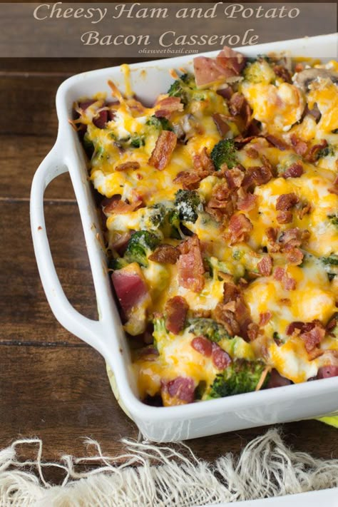 cheesy ham and potato bacon casserole to use up all of those holiday leftovers ohsweetbasil.com Potato Bacon Casserole, Ham And Broccoli, Ranch Casserole, Bacon Casserole, Keto Chicken Casserole, Potato Bacon, Cheesy Ham, Chicken Bacon Ranch Casserole, Oh Sweet Basil