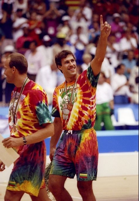 Hippy Basketball | 12 Athletic Outfits That Require A Double-Take...The Lithuanian Olympic Team rocked some bold matching tie-dye outfits that spiral out from the crotch. Very flattering. Skeleton Tshirts, Tiki Culture, Olympic Basketball, Athletic Attire, The Grateful Dead, Basketball Uniforms, Tie Dye Outfits, Olympic Team, Tie Dye Shirts