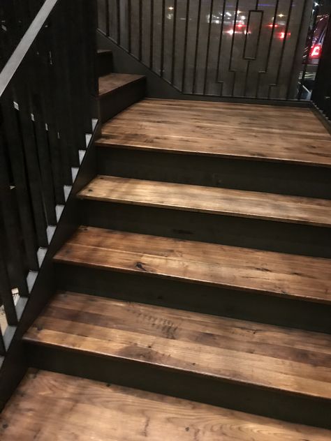 Black Stained Staircase, Del Friscos, Stair Redo, Stained Staircase, Internal Stairs, Stairway Makeover, Redo Stairs, Diy Stair Railing, Stairs Renovation