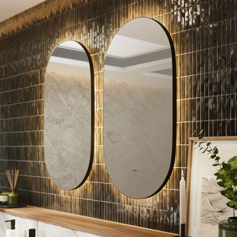 Oval Shape Mirror, Pill Mirror, Frame Bathroom Mirror, Latest Bathroom Trends, Black Tile Bathrooms, Oval Mirror Bathroom, Shape Mirror, Bathroom Wall Hanging, Latest Bathroom