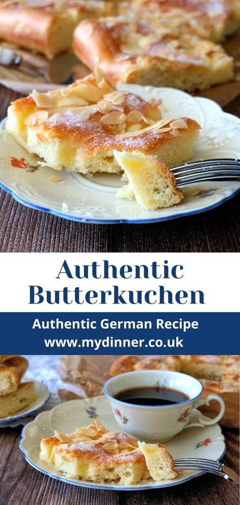 Try this German Butterkuchen recipe in English. This is an Easy German Butter Cake recipe made with yeasted dough, butter, sugar, and almonds. Authentic German Butter Cake. Tastes like from a bakery in Germany. Butter Kuchen Recipe, German Butter Cake, German Pastries, German Food Authentic, Roasted Almond, German Cake, German Desserts, German Baking, Butter Cake Recipe