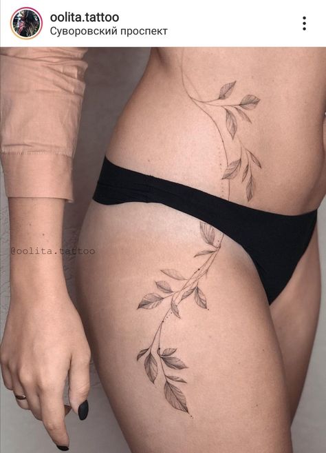 Leaves Tattoo Lower Back, Thigh Leaf Tattoos Women, Side Vine Tattoos Women, Vine Back Tattoo Women, Pikake Tattoo, Back To Hip Tattoos Women, Hip Leaves Tattoo, Dainty Side Tattoos For Women, Vine Hip Tattoos Women