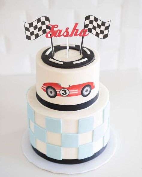 Vintage Race Car Cake, Birthday Cake For Son, Hot Wheels Themed Birthday Party, Race Car Cake, Vintage Car Birthday, Cars Theme Cake, Race Car Cakes, Tier Cakes, Cars Birthday Cake