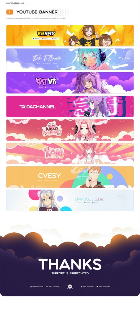 Banners Ideas Design, Vtuber Header, Vtuber Banner Design, Vtuber Graphic Design, Youtube Banner Inspiration, Anime Banner Design, Behance Banner Design, Banners Design Ideas, Anime Yt Banner