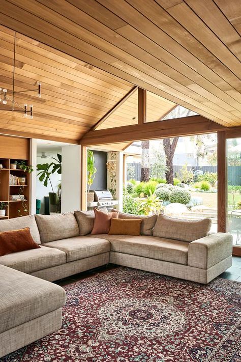 A Mid-Century Inspired Home In Torquay, VIC, Surprises Copper Taps, Island Bench, Arched Mirror, White Vases, Ceiling Height, Mid Century House, Lounge Room, Step Inside, Inspired Homes