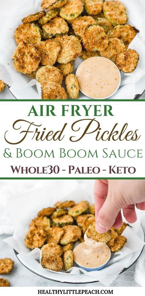 Crispy and savory air fried pickles dipped in my creamy Boom Boom Fry Sauce. This recipe is Whole30, Keto and Paleo along with being dairy and gluten free. #airfryer #keto #paleo #whole30 #ketorecipes… Healthy Air Fryer Pickles, Caveman Recipes, Air Fried Pickles, Thm Appetizers, Air Fryer Fried Pickles, Boom Sauce, Boom Boom Sauce, Peach Healthy, Whole30 Keto