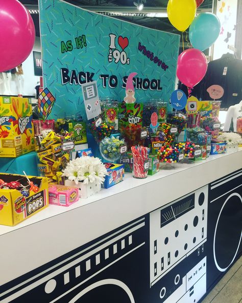 90s candy 90s Buffet Food, 90s Candy Table, 90s Theme Dessert Table, 90s Candy Bar Party Ideas, 90s Cookout, Decades Party Ideas, 90s Theme Birthday Party, Through The Decades Party, 90s Bday Party