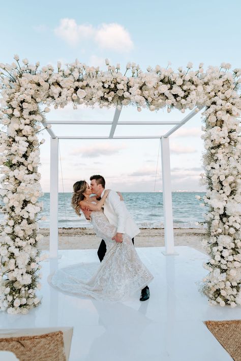 Garza Blanca Cancun Wedding, Beach Gazebo Wedding, Ocean View Wedding Ceremony, Beach Wedding Gazebo, Margarita Station, Ocean Wedding Venue, Dreams Playa Mujeres Wedding, Roses And Baby Breath, White Aisle Runner