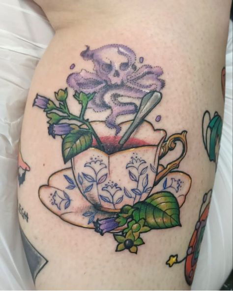 Victorian Tea Cup Tattoo, Pot And Kettle Tattoo, Poison Tea Cup Tattoo, Spooky Tea Cup Tattoo, Mushroom Teacup Tattoo, Teacup And Saucer Tattoo, Teacup With Flowers Tattoo, Spooky Teacup Tattoo, Tea Cup Tattoos