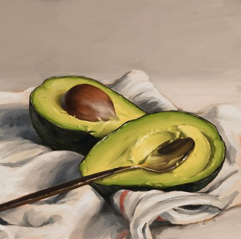 🥑 Avovado! 🥑 The main challenge in this one was to get the creaminess of the avocado. It took me a while, but im fairly happy with it! 😀 #theuglycat #theuglucatstudio #avocado #stilllife #stilllifepainting #digitalart #art #naturemorte #digitaloilpainting #artwork #painting #avocado🥑 #🥑 #avocadoisafruit #illustration #artist Avocado Painting, Avocado Art, Oil Painting Tips, Fruits Drawing, Grey Painting, Still Life Oil Painting, Painting Art Lesson, Fruit Painting, Painting Still Life