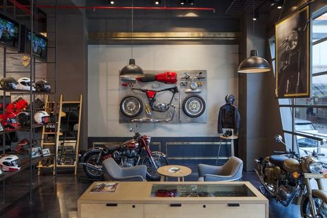 Here you will find photos of interior design ideas. Get inspired! Motorcycle Showroom Interior, Motorcycle Showroom Design, Interior Design Competition, Motorcycle Store, Motorcycle Shop, Showroom Interior Design, Showroom Design, Retail Store Design, Retail Design Blog