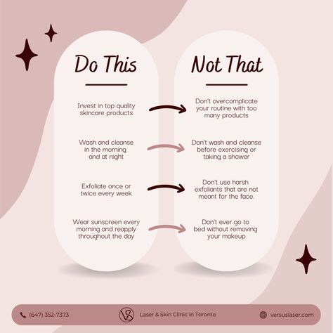 Skincare Do's and Don'ts! 🚨✨ DO Invest in Quality Products 🛍️, Wash & Cleanse AM and PM 🌞🌜, and Gently Exfoliate Weekly 🌊. DON'T Overcomplicate Your Routine 🚫, Cleanse Before Exercising 🏋️‍♀️, or Use Harsh Exfoliants on the Face 🙅‍♀️. Navigate through your skincare journey with wisdom and let your skin thank you with a radiant glow! 💖🌟 💚 VS MedSpa Laser & Skin Clinic in Toronto: 🌎https://www.versuslaser.com/ #SkincareWisdom #GlowingRoutine #DosAndDonts Brazilian Hair Removal, Back Hair Removal, Leg Hair Removal, Permanent Laser Hair Removal, Girly Tips, Chemistry Humor, Travel Skincare, Underarm Hair Removal, Hair Removal For Men