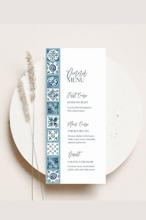 Greek Style Wedding, Greek Menu, Diner Menu, Menu Card Design, Printable Wedding Menu, Wedding Dinner Menu, Mediterranean Wedding, Mediterranean Tile, Menu Wedding