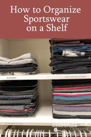 How To Organize Sweatpants, Work Out Clothes Organization, Workout Clothes Closet Organization, Organize Workout Clothes Closet, Organize Jeans On Shelf, Storing Workout Clothes, Athletic Wear Organization, Organizing Gym Clothes, Activewear Storage