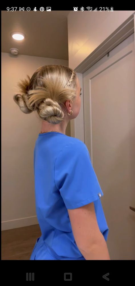 Cute Bummy Hairstyles, Spikes Space Buns, Updos For Long Hair Sports, Pint Tail Hairstyles, Easy Hairstyles Blonde Hair, Game Day Updos, Two Spiky Buns, Slicked Back Space Buns, Hair Styles For Dental Assistant