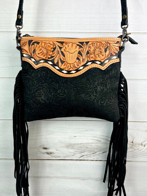 "Suede brocade pattern (front and back) with leather tooled top with buckstich, removable crossbody strap Medium Size 10.5\" x 8\" zipper top zipper and open pocket inside  Not customizable - handmade by American Darling Products" Slash Christmas, Hand Tooled Western Bags, Hand Tooled Leather Bags For Western-themed Events, Western Style Hand-tooled Bags For Everyday Use, Womens Western Hats, Leather Hand Tooled Shoulder Bag For Western-themed Events, Western-themed Brown Leather Shoulder Bag, Brocade Pattern, Black Canyon