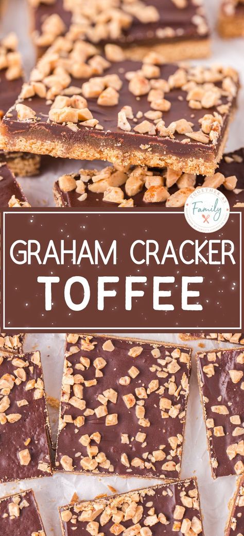 This easy Graham Cracker Toffee is the perfect candy to make for the Holidays or Christmas. The combination of honey graham crackers, buttery caramel, dark chocolate, and crunchy toffee bits is hard to resist. This toffee is simple to make with only 5 ingredients! Christmas Cracker Toffee Graham Crackers, Graham Cracker Toffee Bars Recipe, Honey Graham Crackers Recipes, Graham Cracker Almond Toffee, Graham Cracker Crumbs Recipes, Graham Cracker Toffee Bars, Toffee Grahams, Gramcracker Toffee Bars, Saltine Cracker Toffee Heath