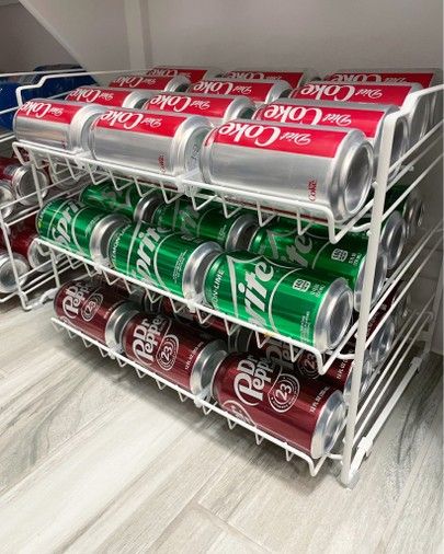 Pantry Soda Can Storage, Pantry Organization Drinks, Beverage Organization Pantry, Organize Drinks In Pantry, Drink Storage In Pantry, Drink Organizer Pantry, Pantry Drink Storage, Drink Refrigerator Organization, Soda Organization Pantry