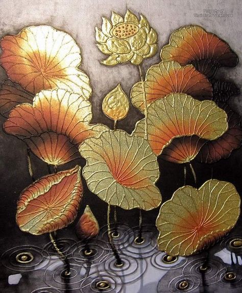 thai art | Beautiful and unique original hand painted Thai painting ... Bodhi Tree Art, Premium Illustration, Lotus Flower Drawing, 3d Relief Art, Gold Art Painting, Lotus Painting, Thailand Art, Same Energy, Minimal Painting