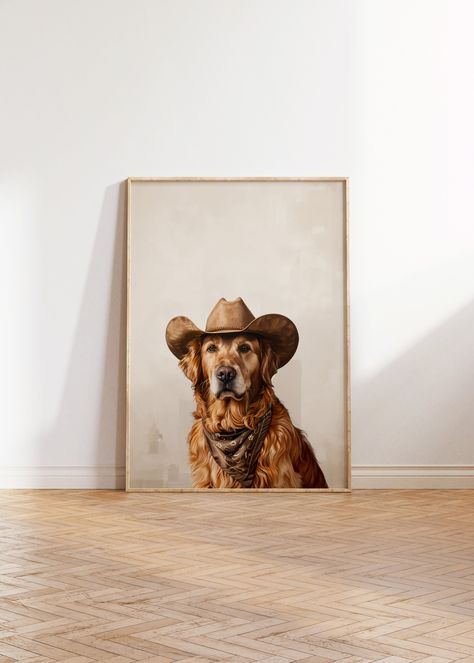 Dog Wearing Cowboy Hat, Golden Retriever - Digital Download *Please note: THIS IS A DIGITAL DOWNLOAD, no physical item will be sent to you.  It is sized for a 4x5 ratio, which allows you to print several sizes such as: sizes: 4x5, 8x10,  16x20 or even 24x30. If you need a different size, please reach out to me! I am always willing to resize the graphics to fit your needs at NO additional charge! :) Whether you're a lover of all things Western, a fan of retro western vibes, or simply looking to i Golden Retriever Cowboy Hat, Western Chic Home, Dog Wearing Cowboy Hat, Coastal Cowgirl Home, Cowgirl Room Ideas, Western Modern Home Decor, Wall Art Photos, Man Wall Art, Western Vibes