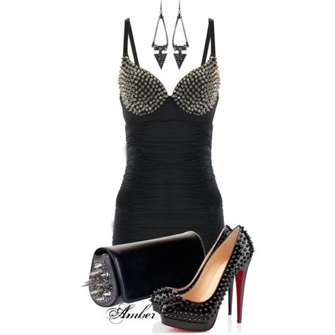 "Studded Bra Dress" by stay-at-home-mom on Polyvore Studded Bra Outfit, Studded Bra, Bra Outfit, Rocker Girl, Studded Dress, Edgy Chic, Black Dress Outfits, Bra Dress, I'm With The Band