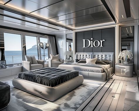 The Dior yacht bedroom is a luxurious and elegant retreat on the sea. From the moment you step foot inside, you are enveloped in a world of opulence a... -  ##aifashion ##digitalart ##digitalartist ##digitalartwork ##dior Yacht Bedroom, One With Nature, Custom Made Furniture, Rich Fabric, How To Make Bed, Large Windows, Stunning View, In A World, Soft Lighting