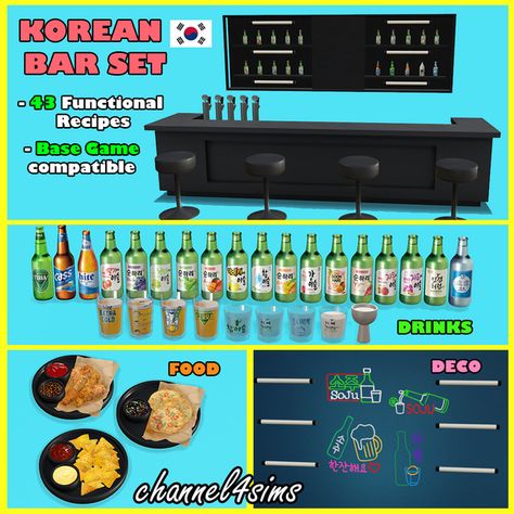 TS4: Korean Bar Set | Patreon Sims 4 Cc Alcohol, Korean Bar, Korean Drinks, The Sims 4 Custom Content, Nacho Chips, Beer Dispenser, Big Mirror, Bottle Display, Bottle Wall