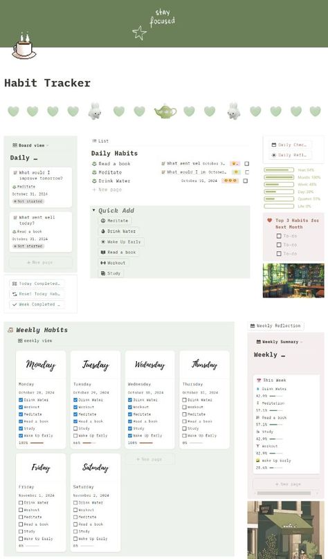 Boost productivity with a customizable matcha habit tracker template in Notion, featuring a daily routine and goal setting system. Habit Tracker On Notion, Notion Progress Tracker, Notion Tracker Template, Notion Template Habit Tracker, Gym Notion Template, Monthly Habit Tracker Template, Notion Habit Tracker Template, Notion Organization, Habit Tracker Notion