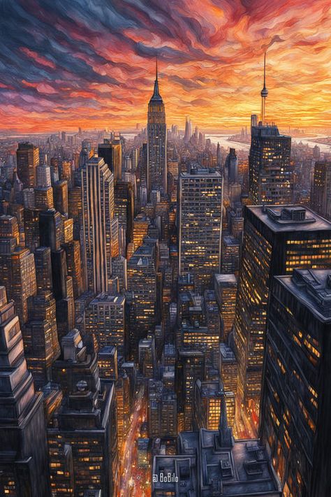 Fantasy Cityscape Inspired by New York: Vintage Style, Sunset Fantasy Cityscape, Fantasy Elements, American City, New York Vintage, College Stuff, The Spell, American Cities, Urban Fantasy, Urban Landscape