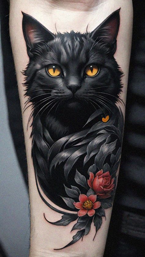 Cat Tatoos, A Cat Tattoo, Simbols Tattoo, Tattoo Gato, Cat Portrait Tattoos, Cat Tattoo Ideas, Cat Tattoo Design, Optical Illusion Tattoo, Realistic Tattoo Sleeve