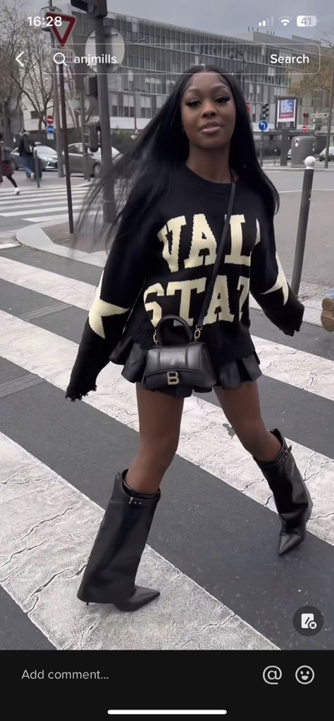 Ego Boots Outfit, Jaded London Skirt Outfit, Outfits With Shark Boots Black Women, Calf Boots Outfit Black Women, Paris Outfit Black Women, Sharkboots Outfit Ideas, Luxury Black Women Outfits, Skirt And Boots Outfit Black Women, Rap Concert Outfit Black Woman