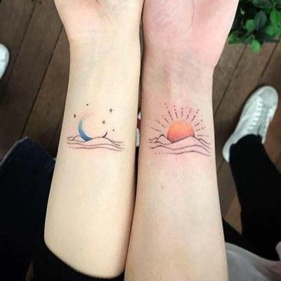 Sunrise Sunset Matching Tattoos, Sunset Tattoo With Color, Watercolor Sun And Moon Tattoo, Sunrise Tattoos For Women, Sunset Tattoo Color, Watercolor Sun Tattoo, Sunrise Tattoo Color, Sunrise Sunset Tattoo, Tattoo Sol E Lua