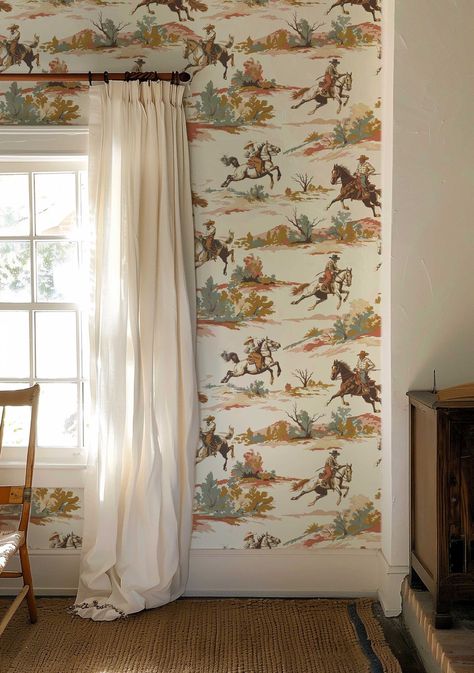 Inspired by Nature!  Saddle up for a trip to the Old West with this charming self adhesive wallpaper!  Featuring vintage western scenes, cowboys on horses, and picturesque landscapes in soft pastel colors, this design brings a touch of nostalgic adventure to any room. This peel and stick removable wallpaper is perfect for creating a rustic, frontier-inspired atmosphere with a hint of romanticism.  Renters rejoice!  It's remarkably easy to apply (no special tools, glue or adhesive necessary), and Wallpaper For Staircase, Half Wall Wallpaper Nursery, Vintage Wallpaper Accent Wall, Vintage Cowboy Bedroom, Cowboy Room Boys, Vintage Western Wallpaper, Vintage Little Boys Room, Vintage Hunting Nursery, Western Kids Room