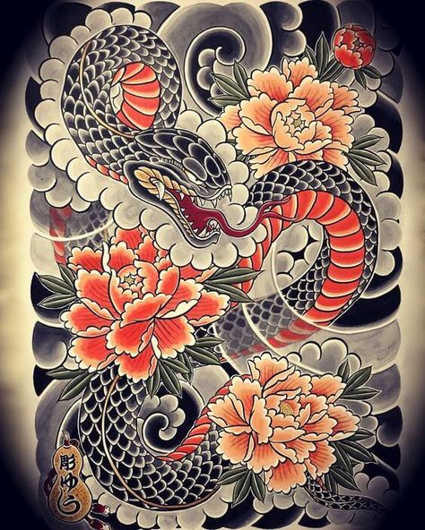 15+ Traditional Japanese Snake Tattoo Designs | PetPress Hannya Maske Tattoo, Yakuza Style Tattoo, Japanese Snake, Snake Tattoo Meaning, Traditional Snake Tattoo, Bodysuit Tattoos, Japanese Snake Tattoo, Guerriero Samurai, Tato Tradisional