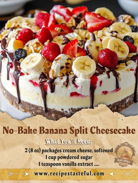 Heavenly No Bake Banana Split Cheesecake, Banana Split Cheesecake Recipes, No Bake Banana Split Cheesecake, No Bake Banana Split Cake, Banana Split Cheesecake, Usa Recipes, Fried Banana Recipes, Powdered Sugar Recipes, Banana Split Pie