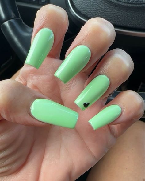 Summertime! Beautiful, mint, green coffin nails with black heart Mint Black Nails, Green Nails With Cross, Mint Coffin Acrylic Nails, Green Heart Nails, Mint Green Cow Print Nails, Mint Green And Black Nails, Mint Green Nails, Mint Nails, Green Acrylic Nails