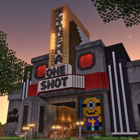 Minecraft Theater Ideas, Minecraft Cinema Ideas, Minecraft Theatre Ideas, Minecraft Movie Theater Ideas, Minecraft Record Shop, Movie Theater Minecraft, Minecraft Ticket Booth, Minecraft Theatre, Minecraft Theater