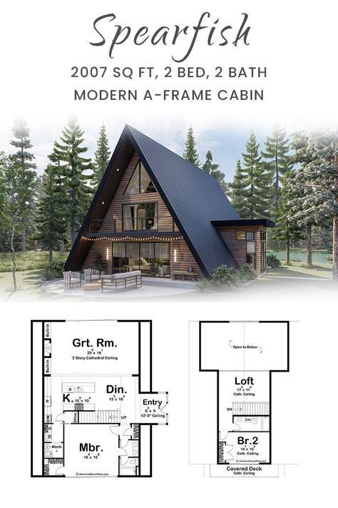 House Plans With Loft, 2 Story Great Room, Modern A Frame Cabin, Modern A Frame, A Frame Cabin Plans, Cabin Plan, House Plan With Loft, A Frame Cabins, A Frame House Plans