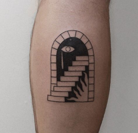 Doorway Tattoo Traditional, Stairs Tattoo Design, Portal Tattoo Ideas, Tattoo Stairs, Archway Tattoo, Stairway Tattoo, Doorway Tattoo, Ladder Tattoo, Stairs Tattoo