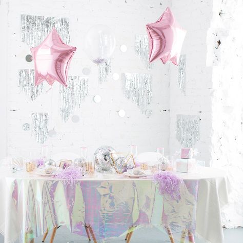 5 Must-Makes for a Glitzy Pantone-Inspired NYE Bash via Brit + Co Iridescent Party, Rose Quartz Serenity, Diy Confetti, Clear Balloons, Fringe Backdrops, Nye Party, Star Party, Confetti Balloons, Disco Party