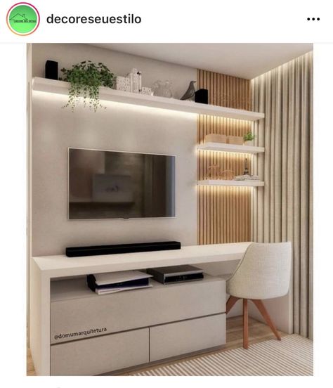 Tv Wall Storage Ideas Bedroom, Tv And Work Desk In Bedroom, Desk Tv Bedroom, Tv And Desk Wall Unit Living Room, Bedroom With Tv And Desk, Tv Wall With Office Desk, Home Office With Tv On Wall, Tv Over Desk In Bedroom, Tv Desk Bedroom