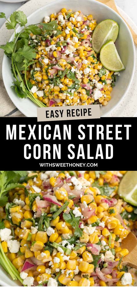 This crowd pleasing Mexican Street Corn salad is made with either frozen, fresh, or canned corn and comes together quickly. Mixed with fresh cilantro, jalapeño and pickled red onion and tossed in homemade dairy free dressing. This corn salad is perfect for summer and easy to bring to picnics and potlucks. Corn Salad For Bbq, Corn Salad With Jalapenos, Cold Mexican Street Corn Salad, Cold Street Corn Salad, Cilantro Corn Salad, Fresh Corn Salad Recipe, Mexicorn Salad, Corn Salad Mexican, Corn Salad With Cilantro