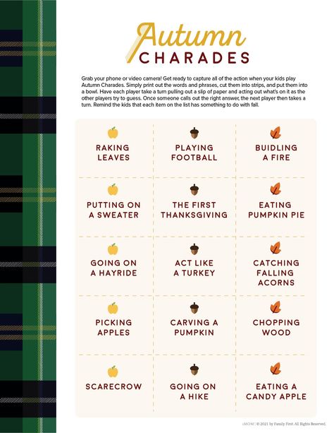 Autumn Charades Game - iMOM Charades Words, Free Printables For Kids, Babysitting Activities, Charades Game, Halloween Class Party, Fall Games, Marriage Help, Printables For Kids, Family Cards