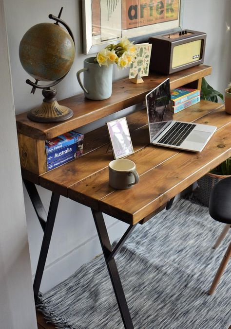 Reclaimed Wood Industrial metal Legs Desk With Shelf Mid | Etsy Desk With Shelf, Mid Century Modern Home Office, Oak Wood Stain, Pine Desk, Metal Desk Legs, Handmade Desks, Reclaimed Wood Desk, Shelf Desk, Industrial Desk