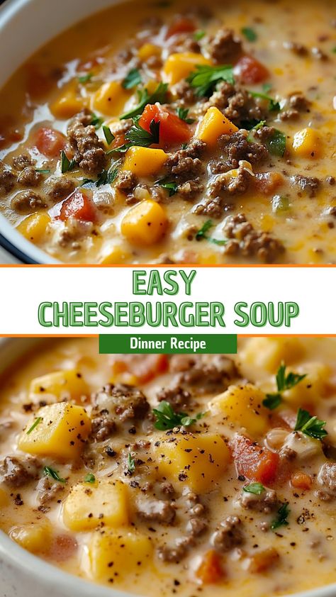 Soup Favorites: Easy Cheeseburger Soup Cheeseburger Soup With Potatoes, Bacon Cheeseburger Soup Recipe, Quick Cheeseburger Soup, Cheeseburger Rice Soup, Ground Chuck Soup Recipes, Fall Soup With Ground Beef, Cheeseburger Soup Hashbrowns, Cheeseburger Soup Recipes Easy, Stovetop Cheeseburger Soup