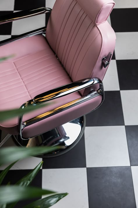 Pink Barber Chair, Barbering Aesthetic, Retro Hair Salon Aesthetic, Pink Barbershop, Barber Shop Aesthetic, Retro Hair Salon, Barber Logo Design, Barber Shop Logo, Hair Salon Chairs