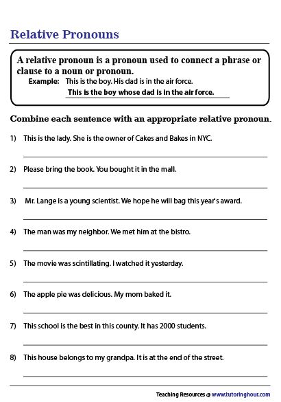 Combining Sentences with Relative Pronouns Relative Pronouns Worksheet, Simple And Complex Sentences, Pronoun Grammar, Pronouns Exercises, Pronouns Worksheet, Interrogative Pronouns, Combining Sentences, Advance English, Relative Clauses