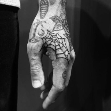 Spider Web tattoos don't always mean you've been to prison! Web Hand Tattoo, Spider Web Hand Tattoo, Hand Tattoo Men, Tiger Hand Tattoo, Traditional Hand Tattoo, Webbed Hands, Spider Web Tattoo, Tattoo On Hand, Web Tattoo