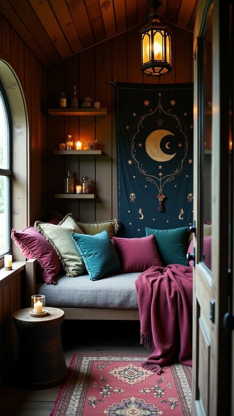 his witchy Boho She Shed Interior is draped in moody hues, celestial accents, and vintage boho charm. Perfect for tarot readings, journaling, and channeling all your witchy vibes. Save this for inspo! 🔥 #BohoSheShed #WitchyVibes #MysticalDecor #CozySheShed #CelestialStyle Witchy Reading Nook, Boho She Shed Interior, Boho She Shed, Cozy She Shed, She Shed Interior, Cosy Nook, Zen Aesthetic, Small Downstairs Toilet, Amber Room