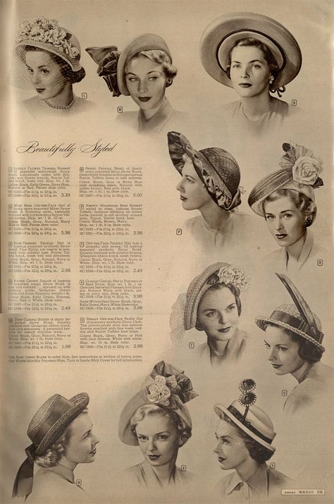 The Closet Historian: Cataloging Catalogs: MW Spring/Summer 1950 Hats Vintage Fascinators, 1950 Aesthetic, Closet Historian, Montgomery Ward Catalog, 1950s Hats, Remake Clothes, 1940s Hats, Retro Clothes, 1950 Fashion